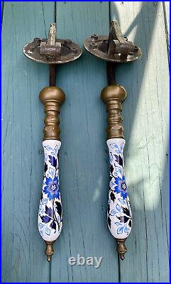 Antique BRASS BEER TAP Handles Pulls Holland blue floral ceramic Heavy 1800