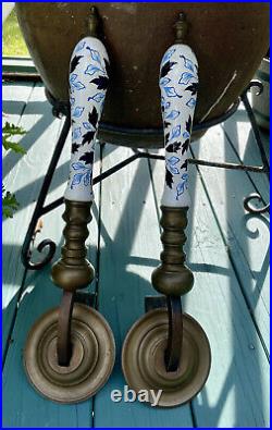 Antique BRASS BEER TAP Handles Pulls Holland blue floral ceramic Heavy 1800