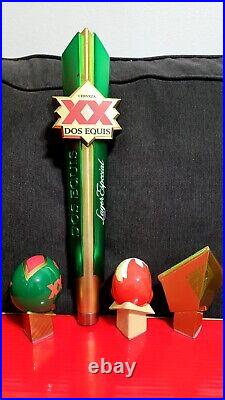 Dos Equis Lager Beer Tap Handle with 3 Extra Lucha Libre & Aztec Toppers. NEW