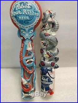 Draft Beer Bar Tap Handle Lot 2 Rare PBR Octopabst & Snake Art Sign Pabst Blue