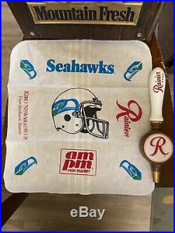 Vintage Rainier Beer Sign Bundle With Tap Handle And Seahawks Team Towel